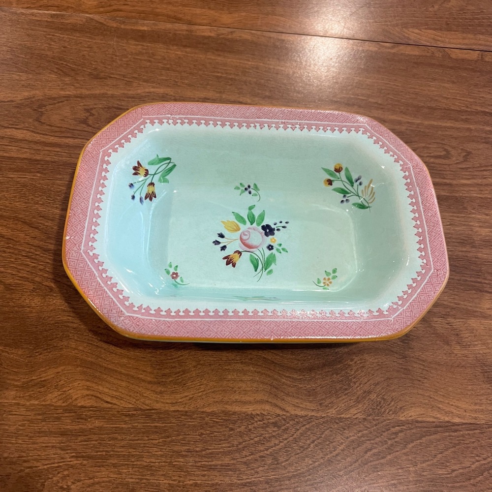 Vintage Adams Calyx Ware Hand Painted Floral Rectangle Serving Dish Pink Blue